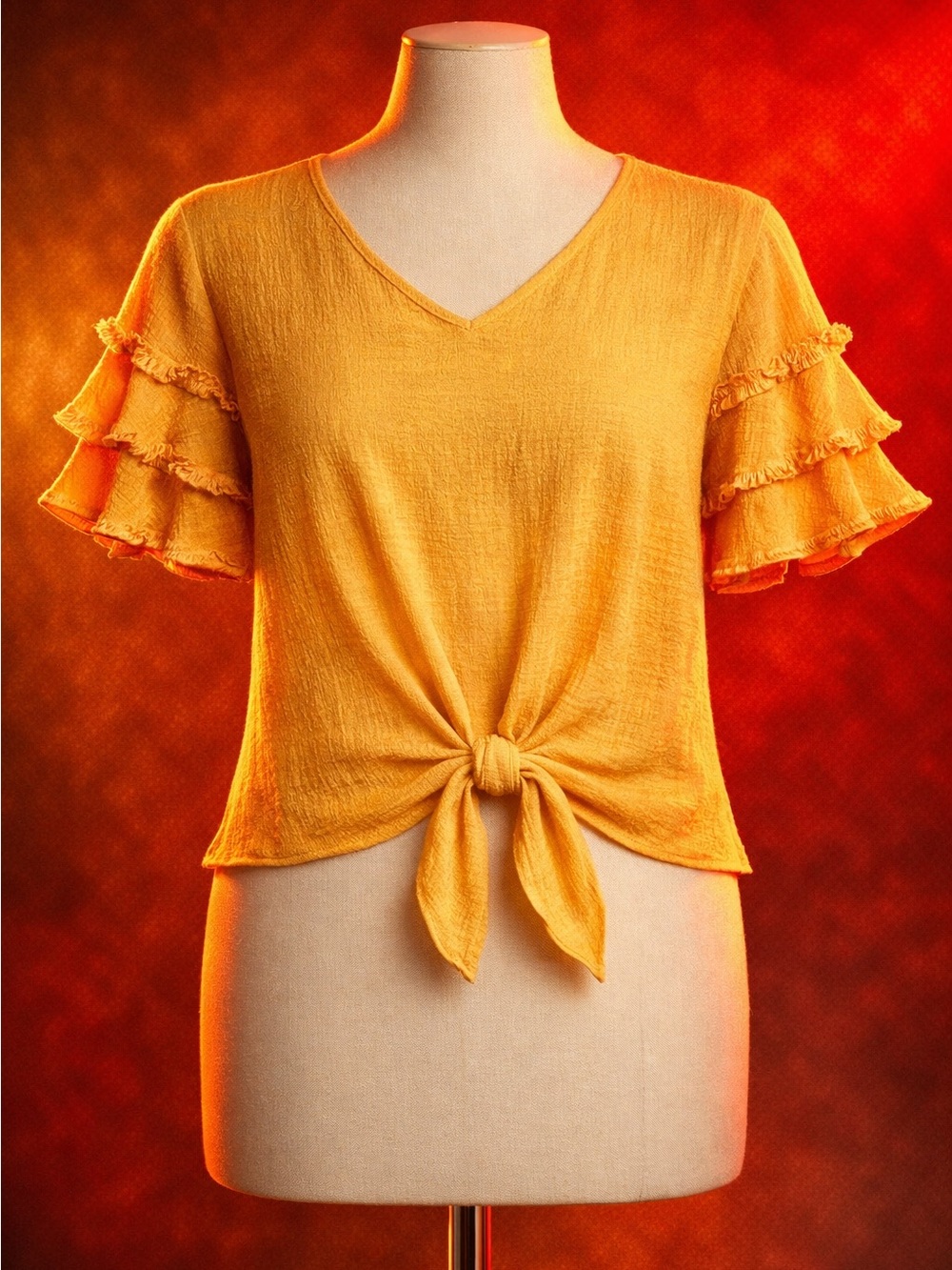 Umgee Golden Mustard Tie-Front V-Neck Ruffle Sleeve blouse